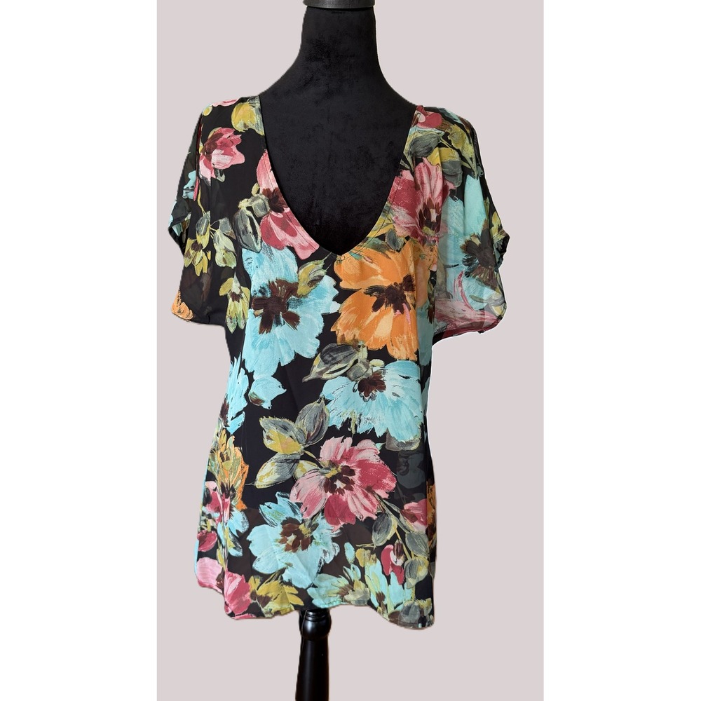 Show Me Your Mumu Floral Sheer V-Neck Top Med Black‎ Multi Boho Festival Resort